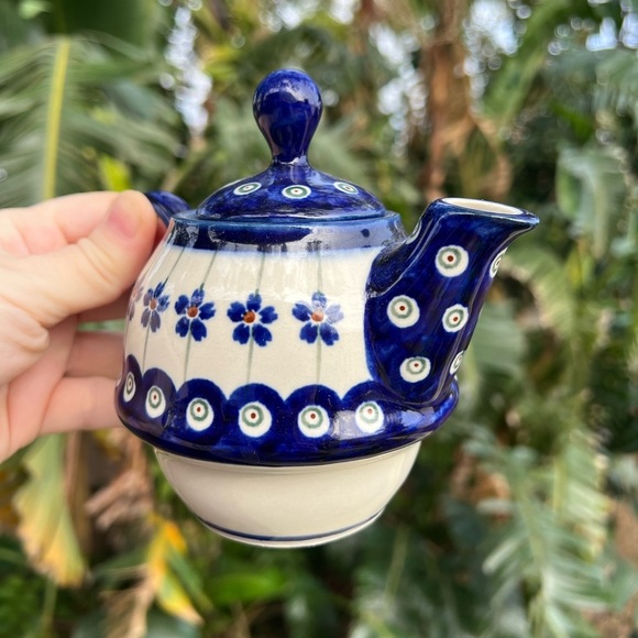 Polish Pottery Mini Teapot - Bolesławiec, Hand-Painted Blue Floral, 3” - Picture 3 of 9